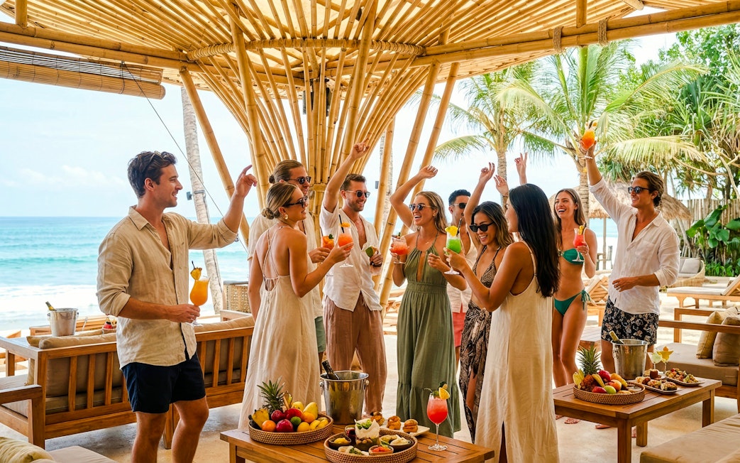 Group enjoying drinks at FINNS Beach Party Lagoon Zone, Bali, under bamboo structure by the ocean.