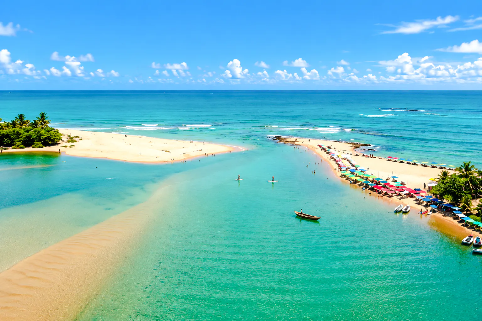 Beach and river meeting at Caraíva, Porto Seguro, with colorful umbrellas and boats.
