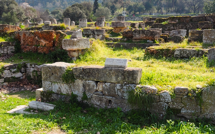 Ancient Agora ruins with "House of Simon" sign, Athens, Greece.
