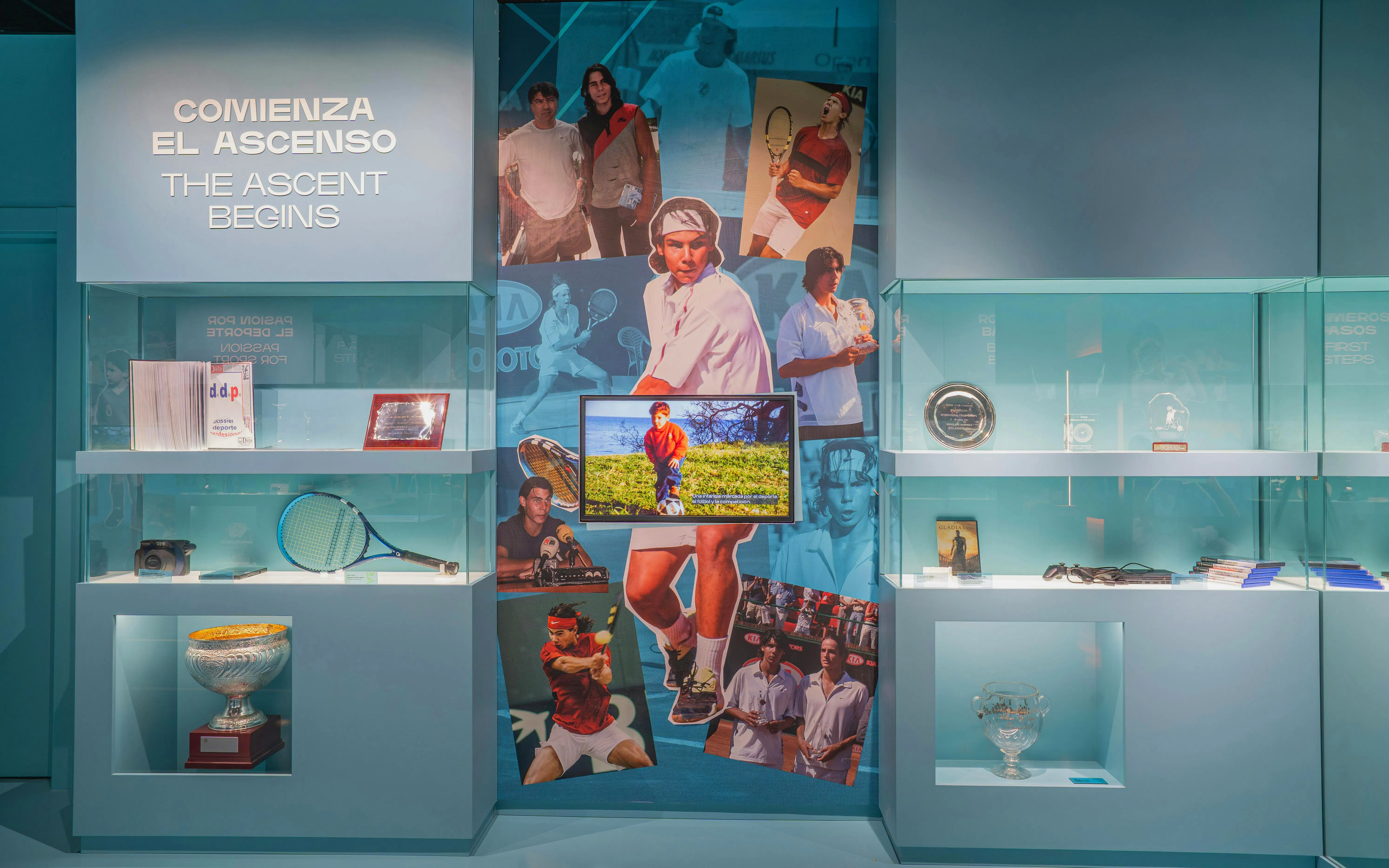 Rafa Nadal Museum exhibit featuring tennis memorabilia and photos of Nadal's career milestones.
