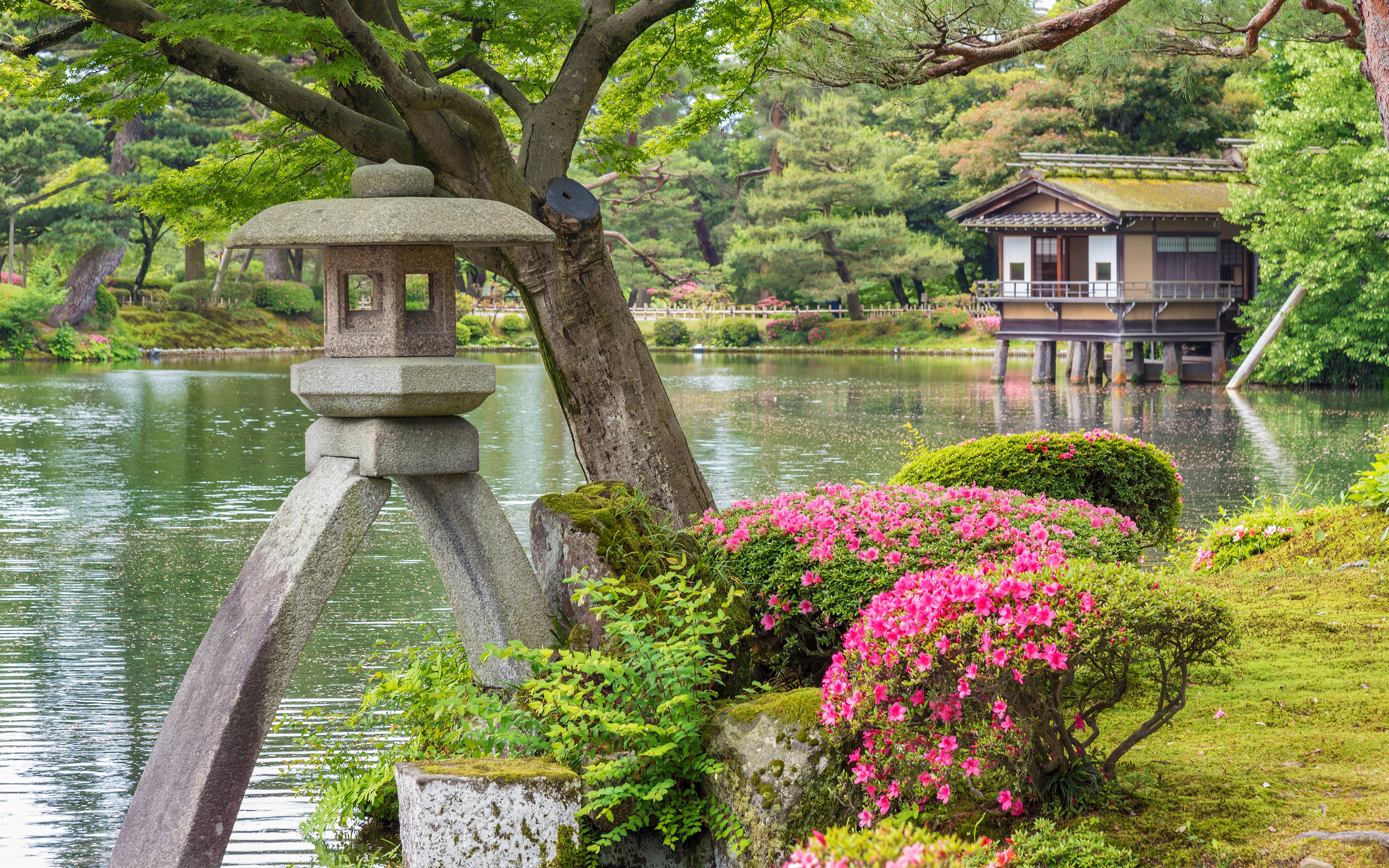 Stone lantern by pond in Kenrokuen Garden, Kanazawa, Japan, with traditional teahouse in background.