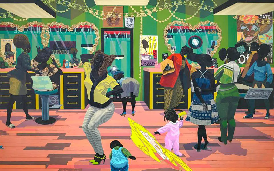 Kerry James Marshall artwork depicting a vibrant barbershop scene at the Museum of Modern Art, Paris, France.