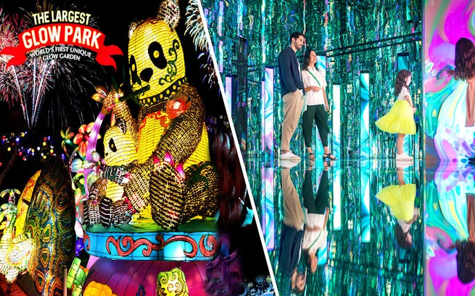 Glow park with illuminated panda and peacock sculptures; family exploring mirrored light exhibit.