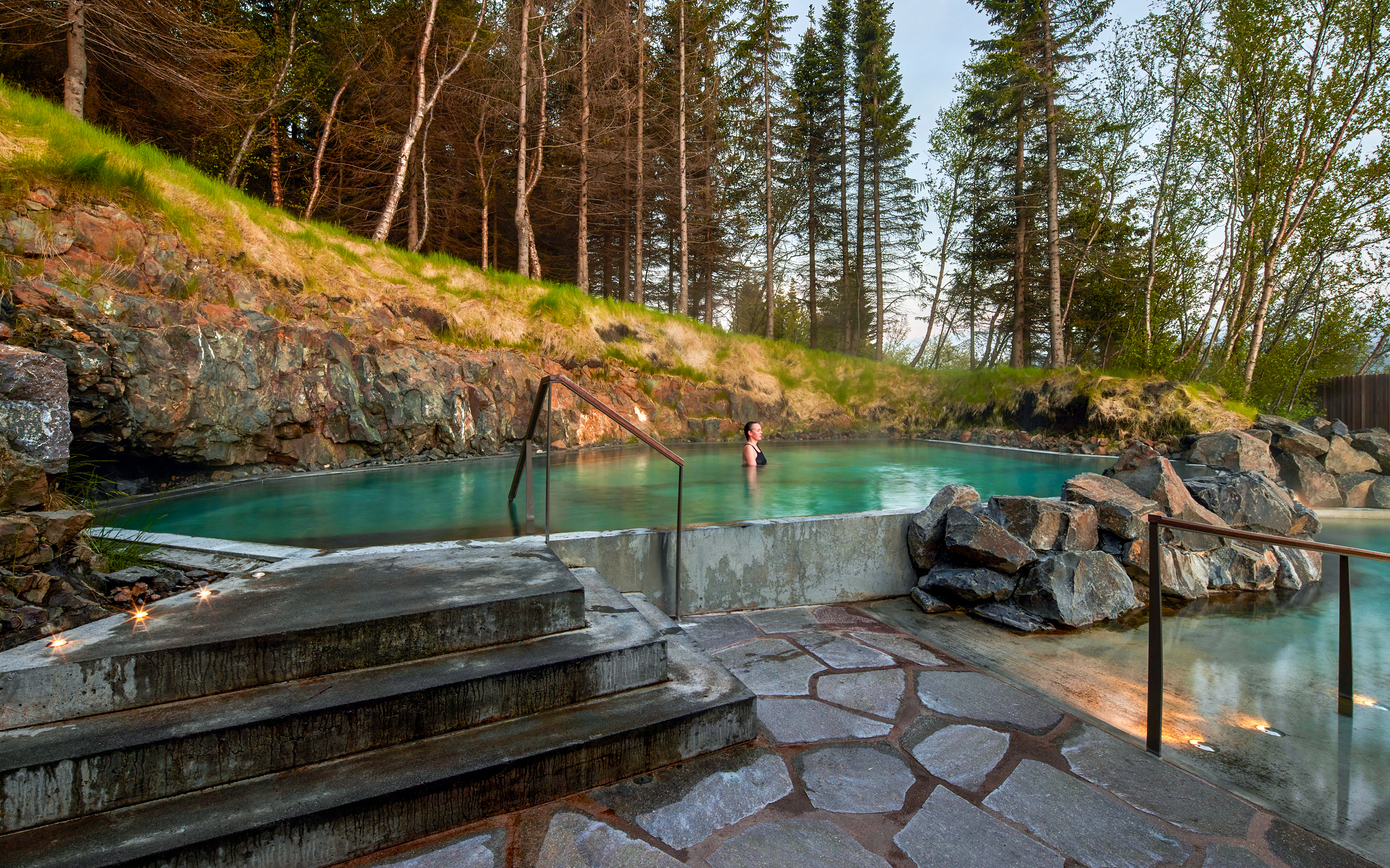 Geothermal spa in Vaðlaskógur forest near Akureyri, North Iceland.
