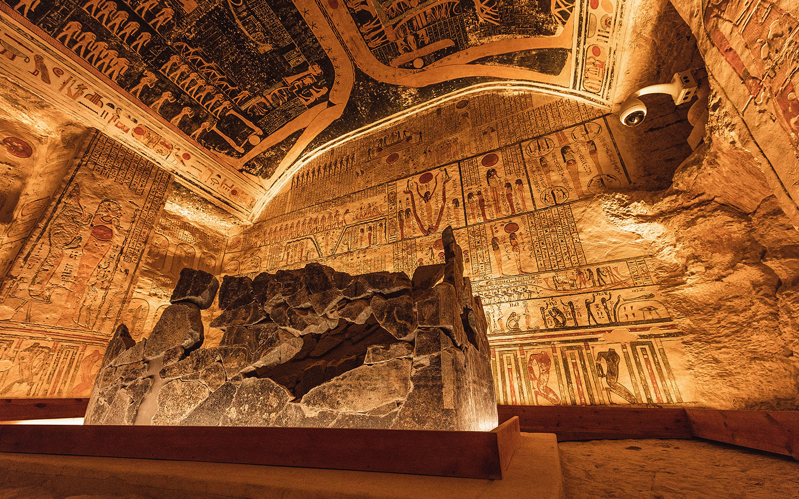 Tomb of Ramses IV with hieroglyphs and sarcophagus, Valley of the Kings, Egypt.
