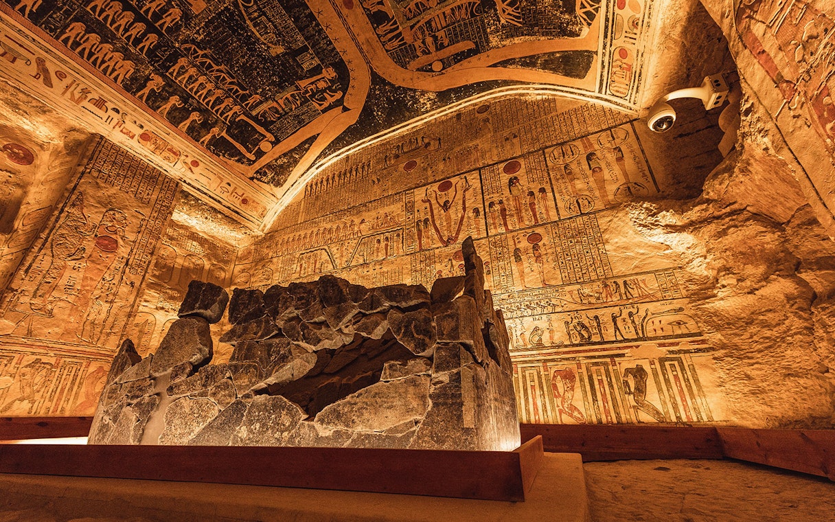 Tomb of Ramses IV with hieroglyphs and sarcophagus, Valley of the Kings, Egypt.