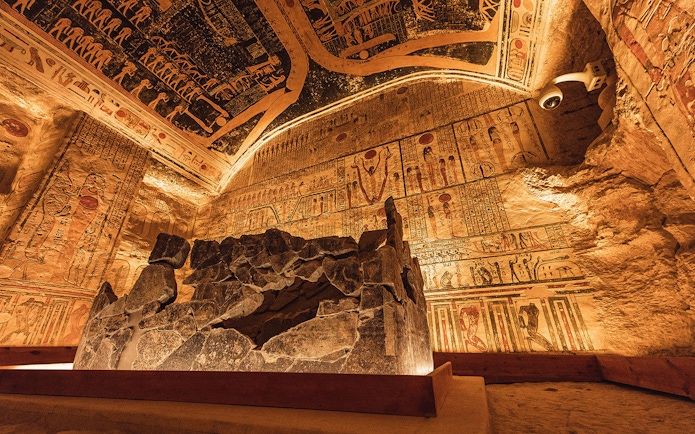 Tomb of Ramses IV with hieroglyphs and sarcophagus, Valley of the Kings, Egypt.