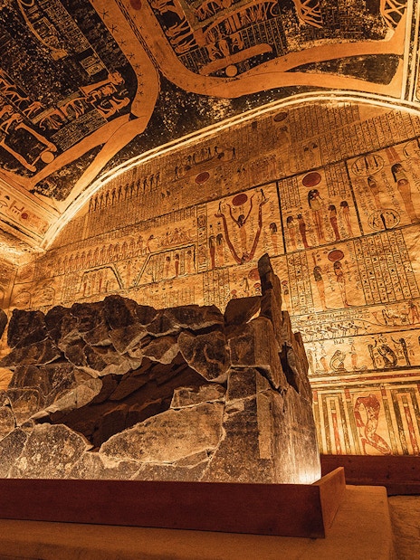 Tomb of Ramses IV with hieroglyphs and sarcophagus, Valley of the Kings, Egypt.