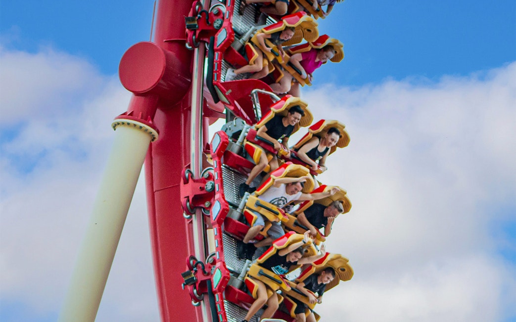 Riders on Hollywood Rip Ride Rockit roller coaster at Universal Studios Orlando, Florida.