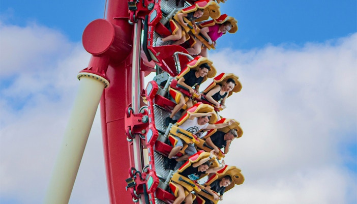 Riders on Hollywood Rip Ride Rockit roller coaster at Universal Studios Orlando, Florida.