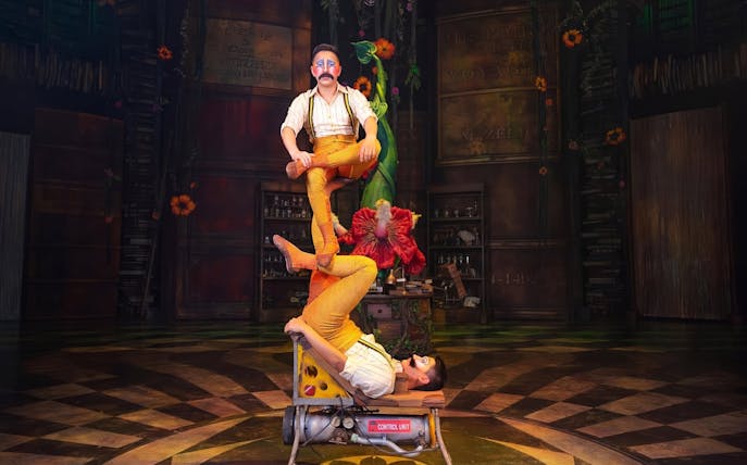 Twin performers balancing at Cirque du Soleil Joya Show in a colorful stage setting.