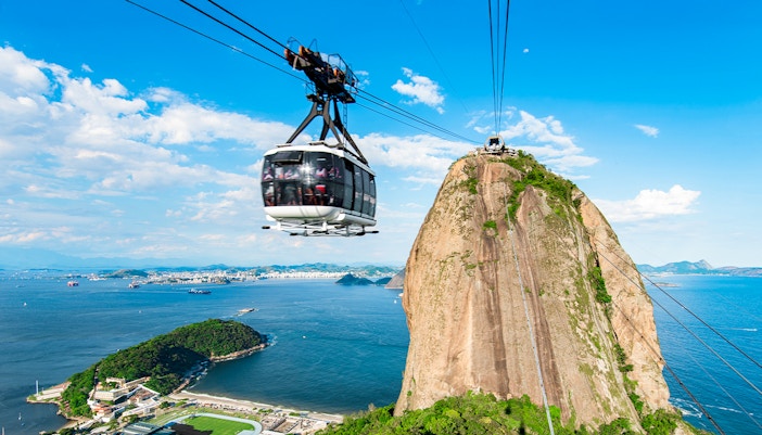 Cable car ascending Sugarloaf Mountain, Rio de Janeiro, with ocean view.