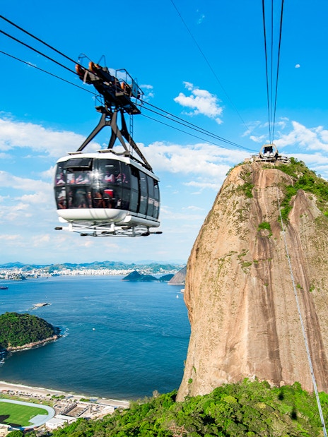 Cable car ascending Sugarloaf Mountain, Rio de Janeiro, with ocean view.