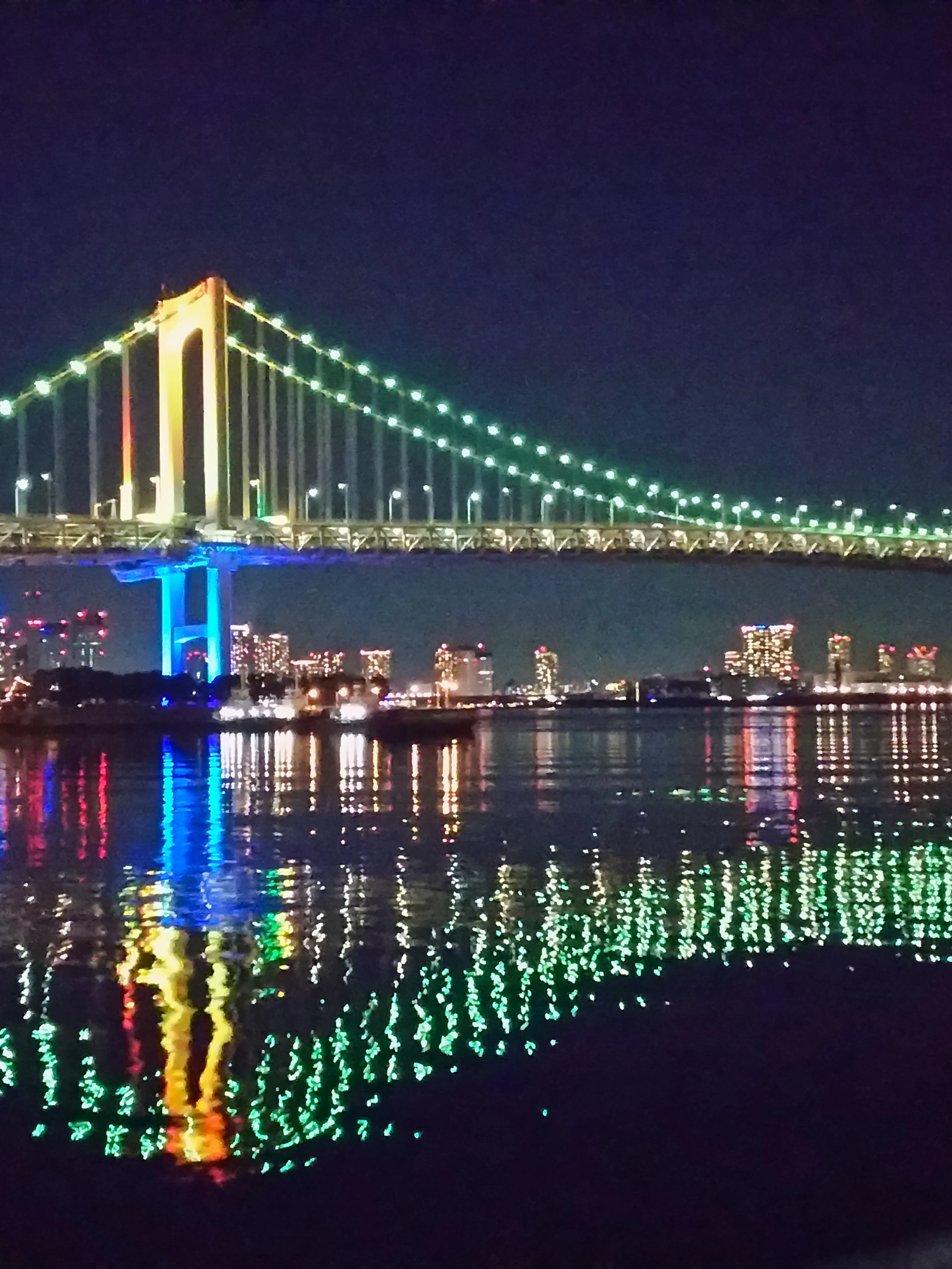 Rainbow Bridge illuminated at night during a Tokyo cruise with city skyline reflections.