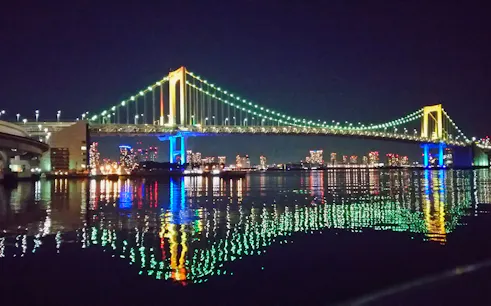 Rainbow Bridge illuminated at night during a Tokyo cruise with city skyline reflections.