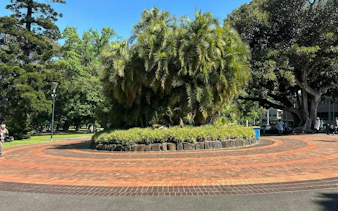 Circular brick pathway in Melbourne's Fitzroy Gardens surrounded by lush greenery.