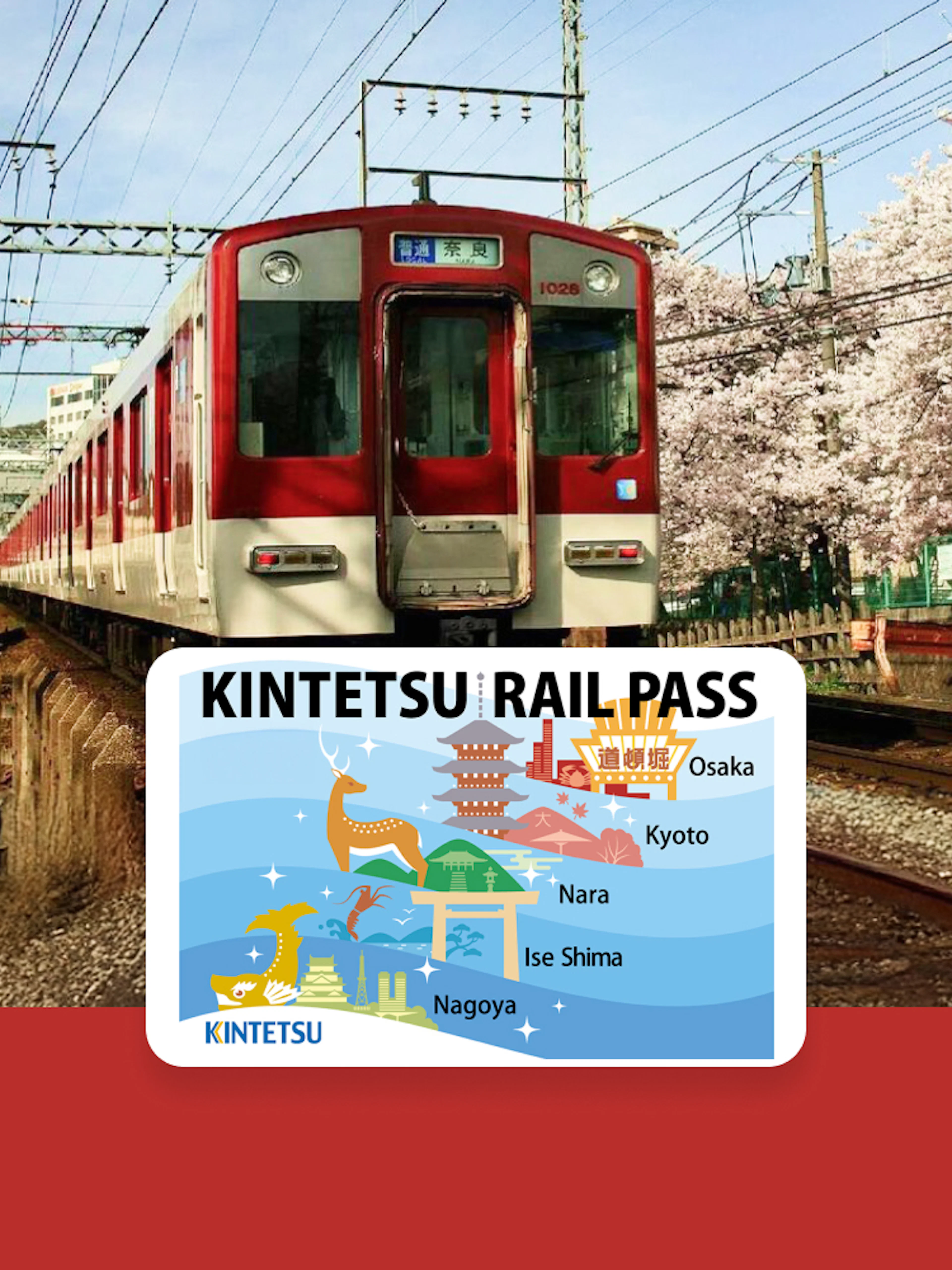Kintetsu train passing cherry blossoms with rail pass map showing Osaka, Kyoto, Nara, Ise Shima, Nagoya.