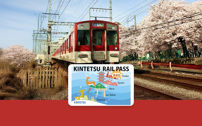 Kintetsu train passing cherry blossoms with rail pass map showing Osaka, Kyoto, Nara, Ise Shima, Nagoya.