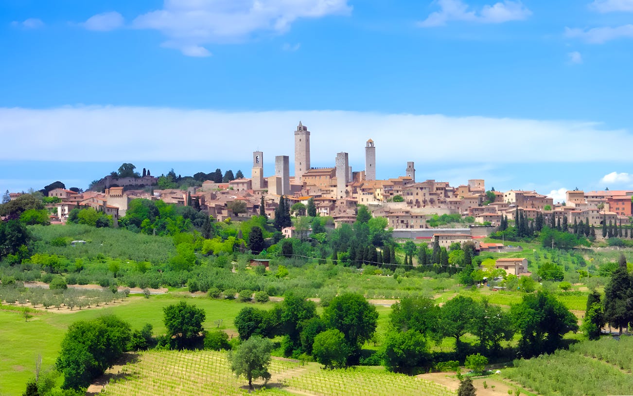 San Gimignano skyline with medieval towers, Tuscany, on a full-day tour from Rome.