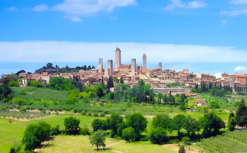 San Gimignano skyline with medieval towers, Tuscany, on a full-day tour from Rome.