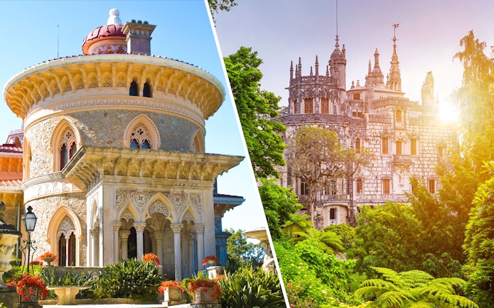 Quinta da Regaleira and Monserrate Palace in Sintra, Portugal, surrounded by lush gardens.