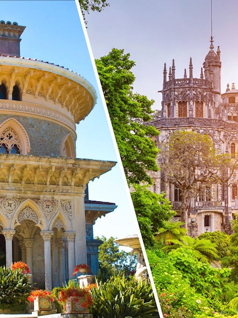 Quinta da Regaleira and Monserrate Palace in Sintra, Portugal, surrounded by lush gardens.