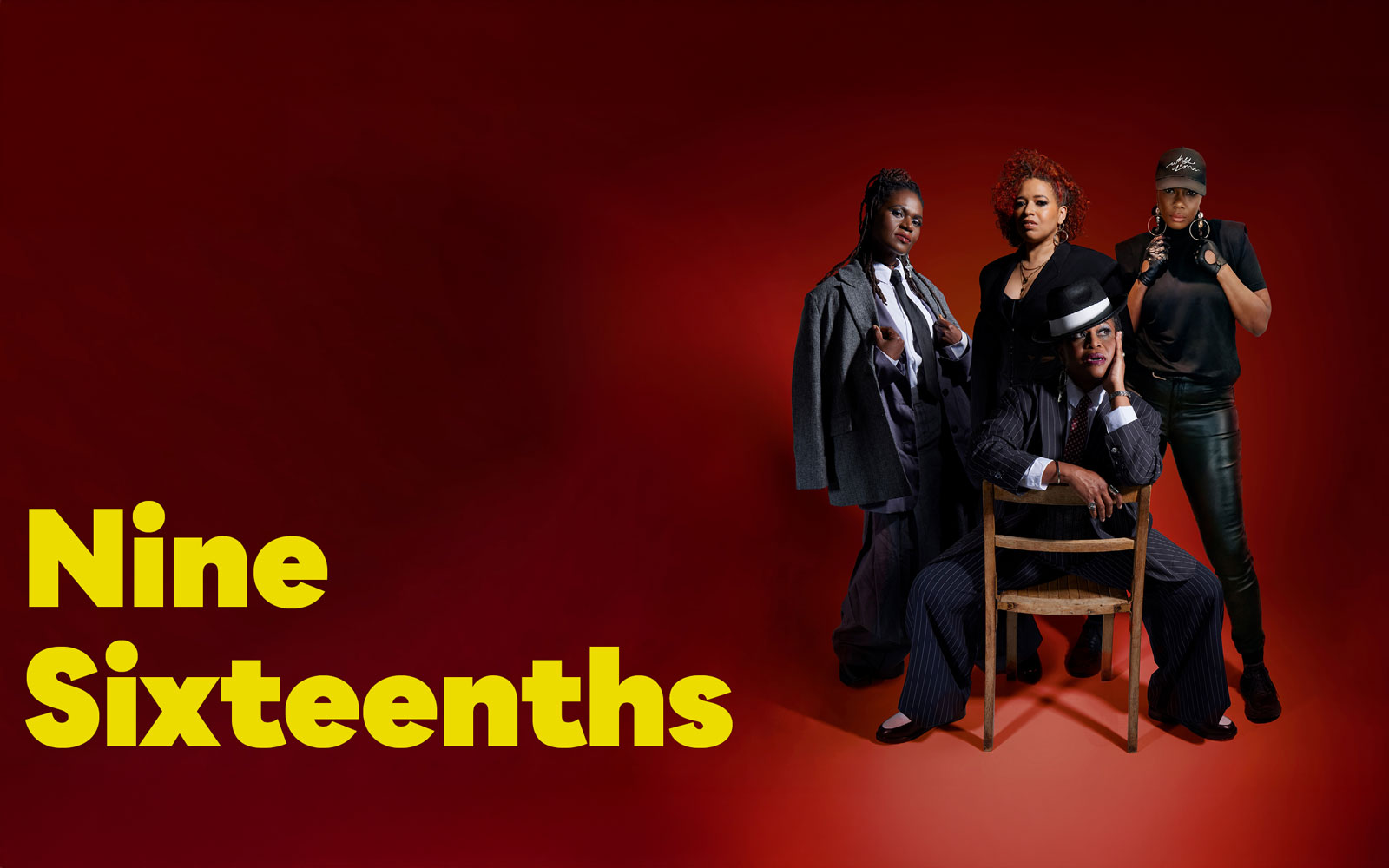 Performers of Nine Sixteenths West End show on a red background.