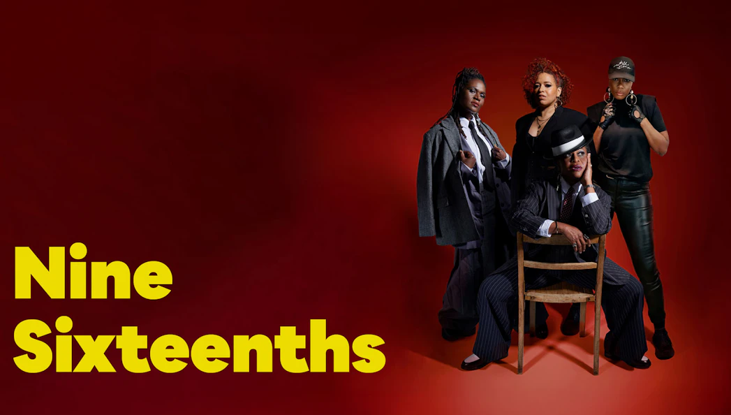Performers of Nine Sixteenths West End show on a red background.