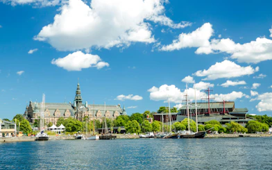 Nordic Museum and waterfront view in Stockholm, Sweden.