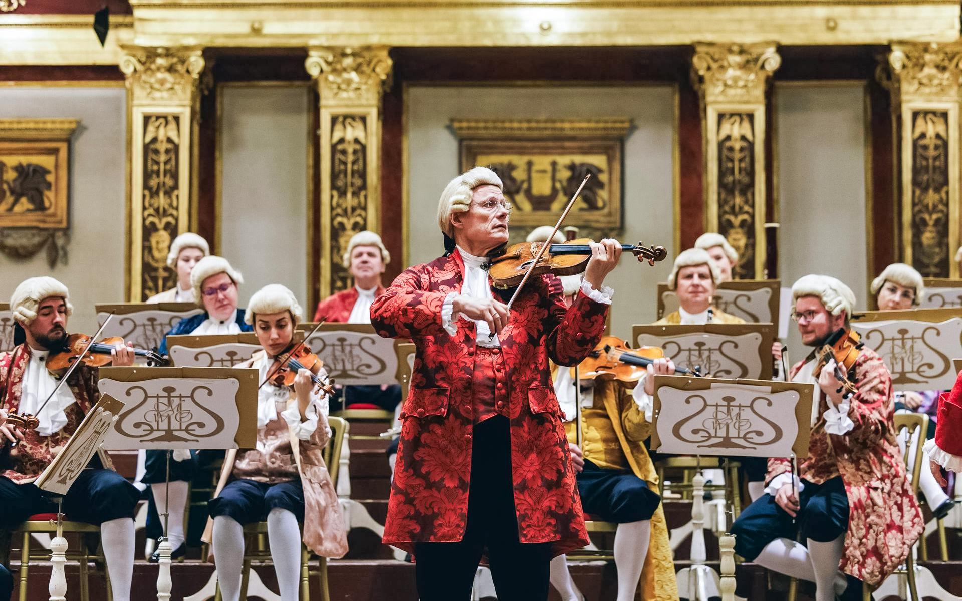 Musicians in period costumes performing at a Mozart Orchestra Concert.
