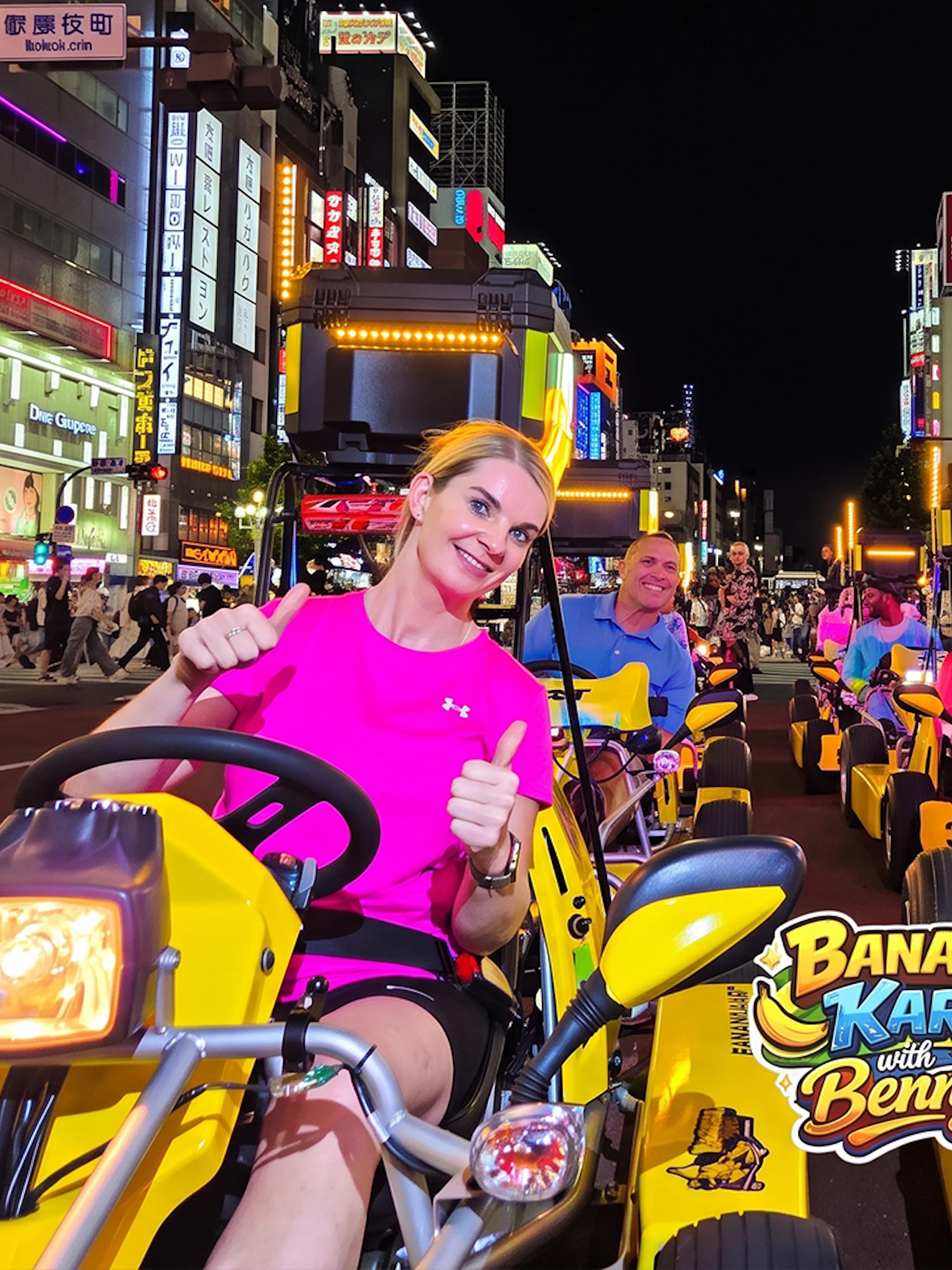 Participants in go-karts on the Banana Kart Tokyo tour from Shinjuku to Shibuya at night.