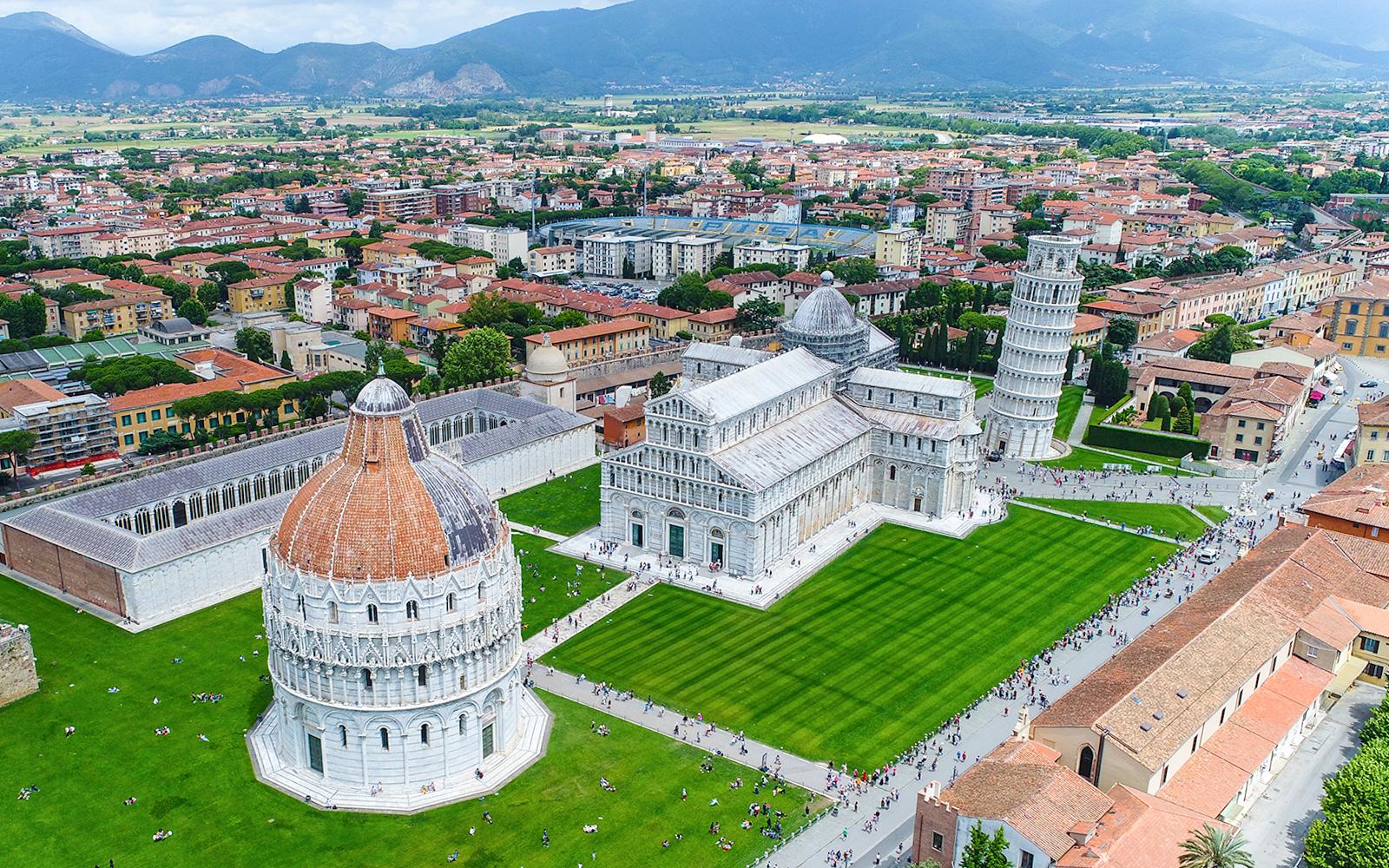Aerial view of Piazza dei Miracoli in Pisa with the Leaning Tower, Cathedral, and Baptistery.