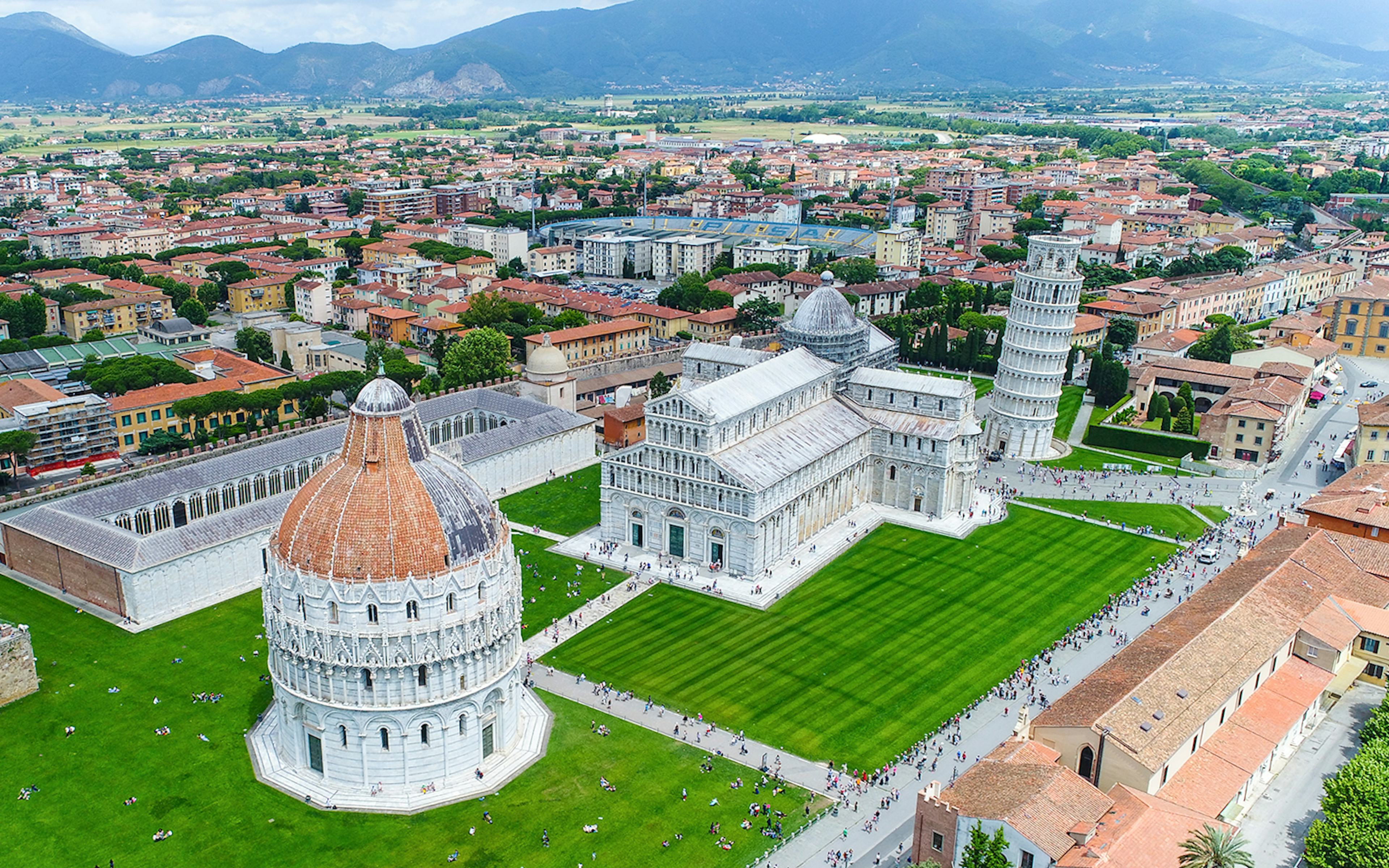 Aerial View of the square of Miracles with the leaning tower, cathedral and baptistery