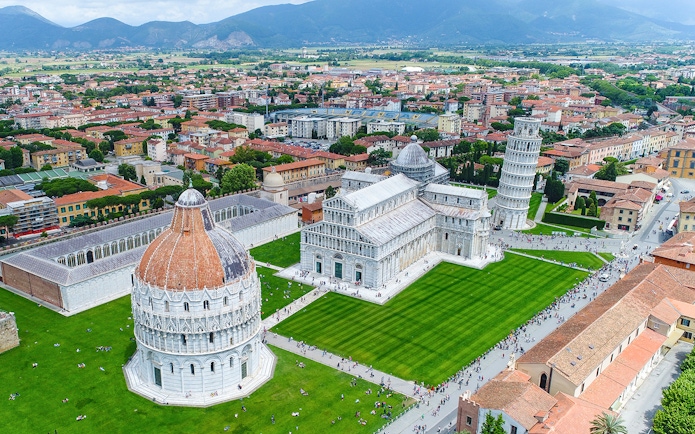 Aerial view of Piazza dei Miracoli in Pisa with the Leaning Tower, Cathedral, and Baptistery.