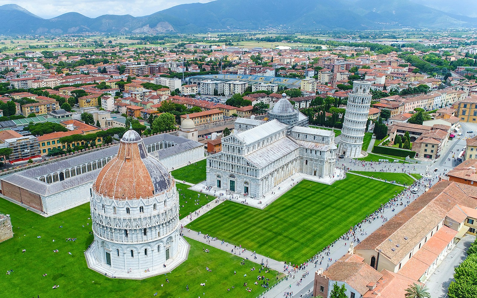 Aerial View of the square of Miracles with the leaning tower, cathedral and baptistery