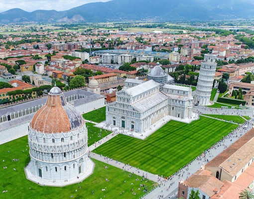 Aerial view of Piazza dei Miracoli in Pisa with the Leaning Tower, Cathedral, and Baptistery.