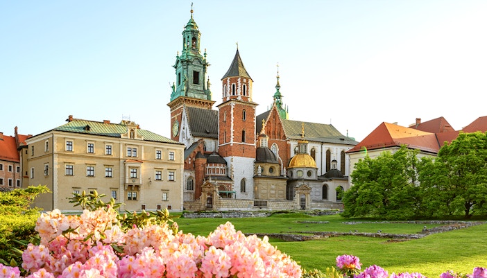 Wawel Castle and Cathedral with gardens in Krakow, Poland.