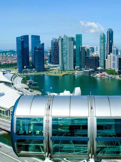 Singapore Flyer capsule overlooking Marina Bay and city skyline.