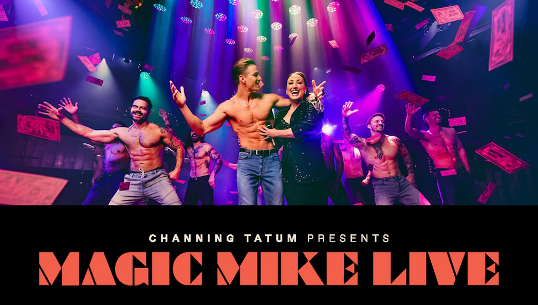 Performers on stage at Magic Mike Live show with colorful lights and confetti.