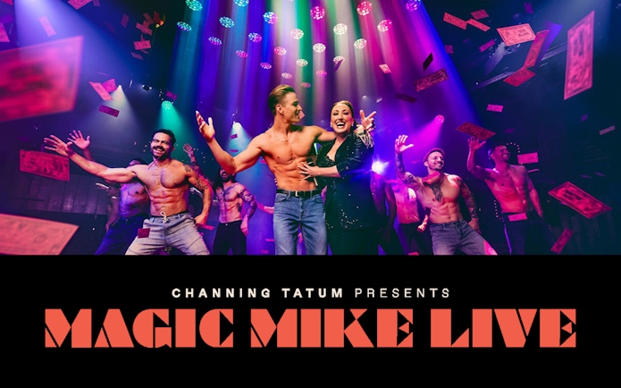 Performers on stage at Magic Mike Live show with colorful lights and confetti.