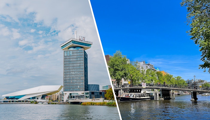 Amsterdam skyline view from A'DAM Lookout with canal cruise boat on the water, includes 2 drinks.
