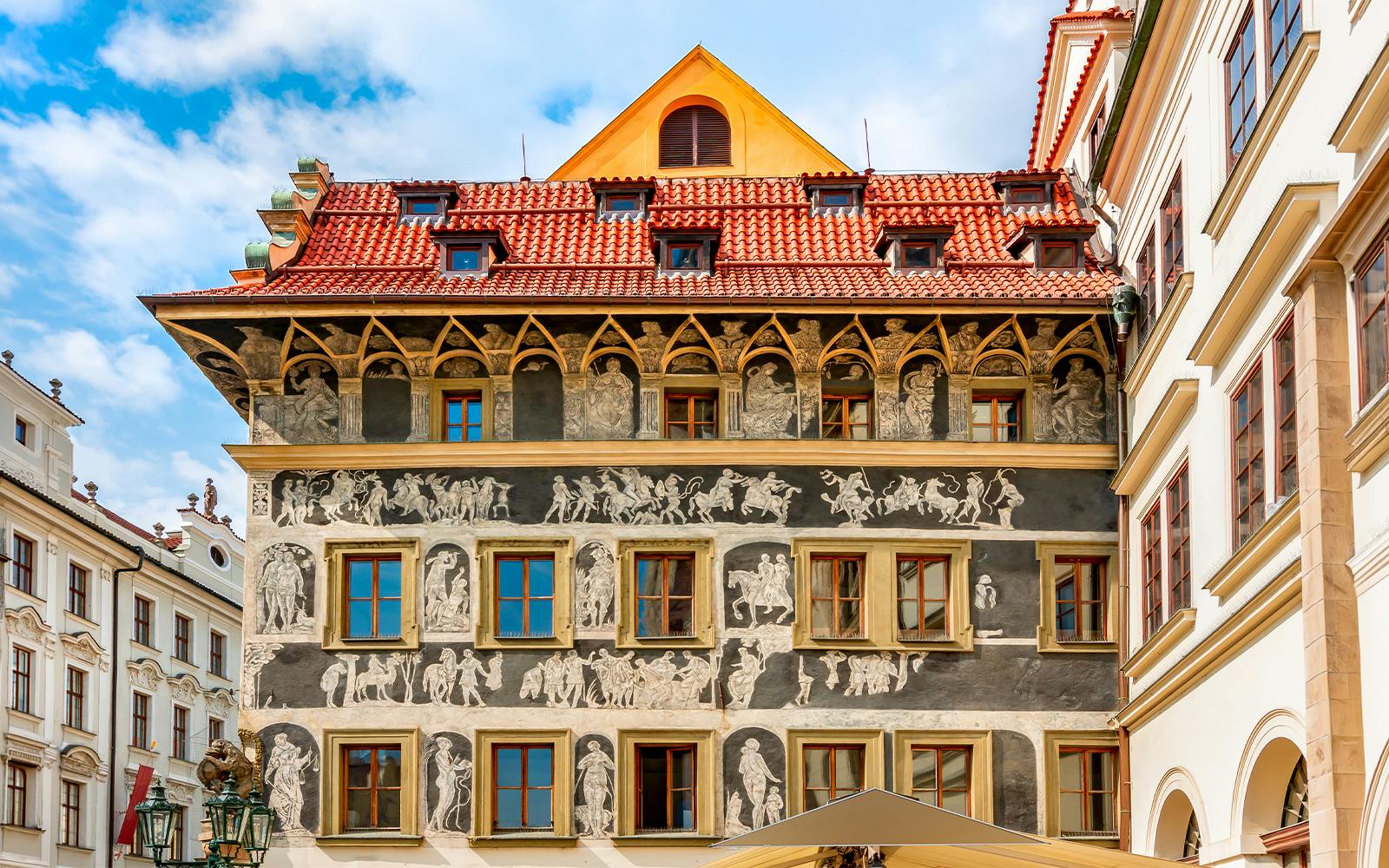 Minute House with sgraffito facade on Old Town Square, Prague, Czech Republic.