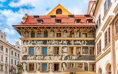 Minute House with sgraffito facade on Old Town Square, Prague, Czech Republic.
