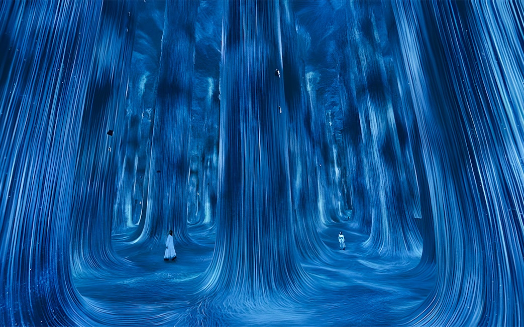 Immersive digital art installation at TeamLab Phenomena Abu Dhabi with flowing blue lights.