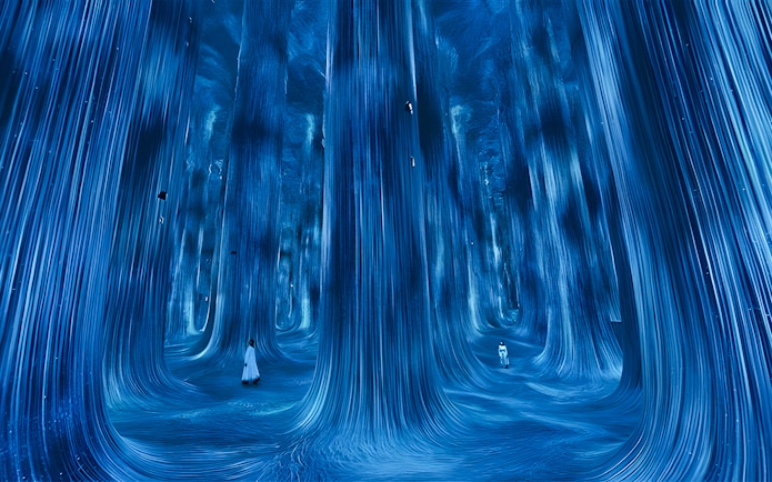 Immersive digital art installation at TeamLab Phenomena Abu Dhabi with flowing blue lights.