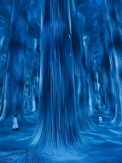 Immersive digital art installation at TeamLab Phenomena Abu Dhabi with flowing blue lights.