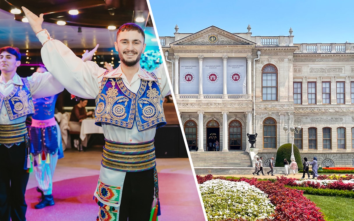 Bosphorus dinner cruise with Turkish dancers and Dolmabahce Palace exterior, Istanbul.
