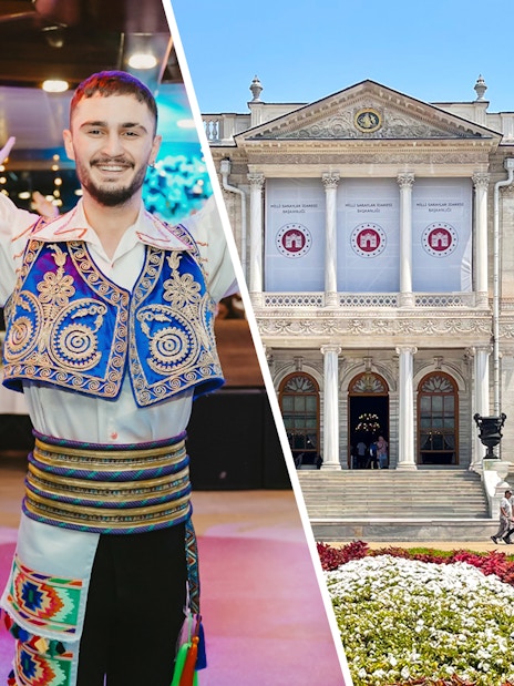 Bosphorus dinner cruise with Turkish dancers and Dolmabahce Palace exterior, Istanbul.