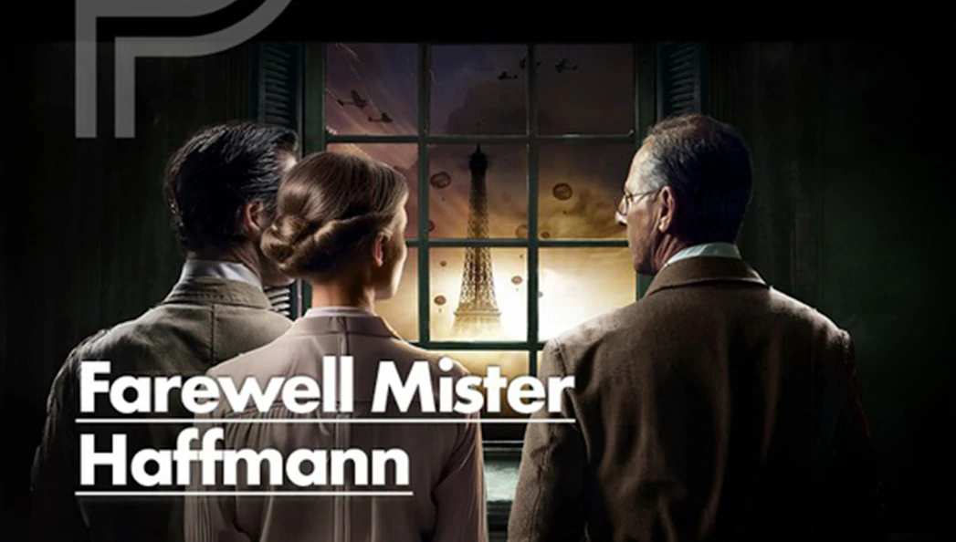 Three people looking out a window at the Eiffel Tower with planes in the sky, Farewell Mister Haffmann.
