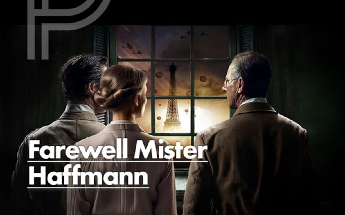 Three people looking out a window at the Eiffel Tower with planes in the sky, Farewell Mister Haffmann.
